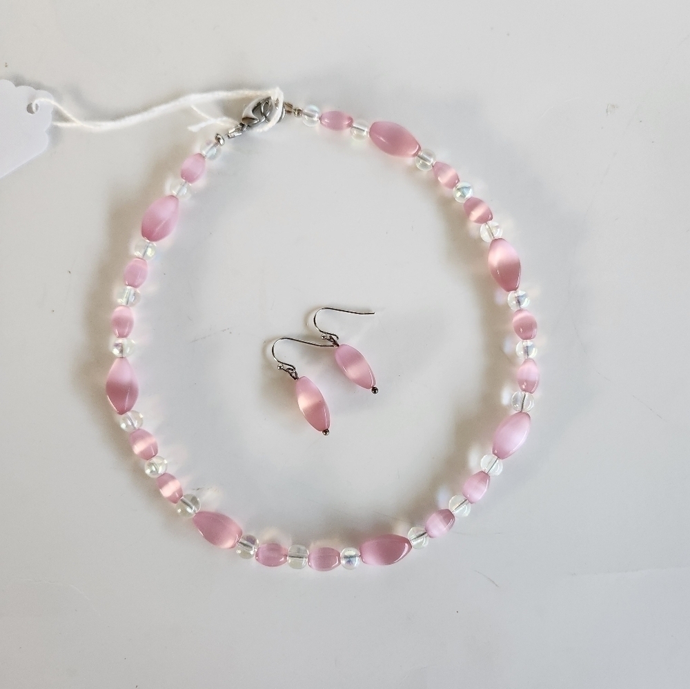 Hand Crafted Necklace and Pierced Pink Cat's Eye Iridescent Beads 15.5" Kids Set